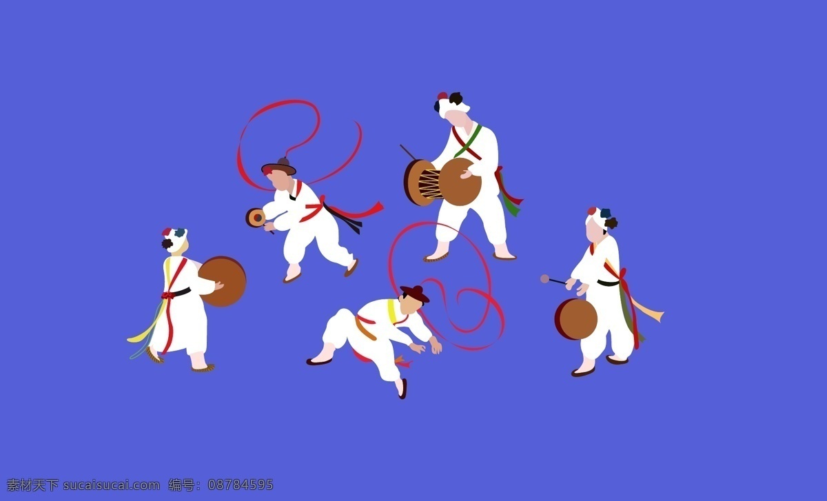 韩国传统舞蹈 韩国 朝鲜族 少数民族 人物 技艺 舞蹈 彩带 敲鼓 传统舞蹈 插画 背景 海报 画册 矢量人物 人物图库 生活人物