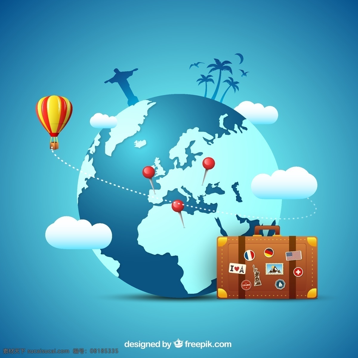 环球旅游插画 巴西基督像 热气球 云朵 地球 环球 椰子树 旅行 行李箱 矢量图 ai格式 卡通设计