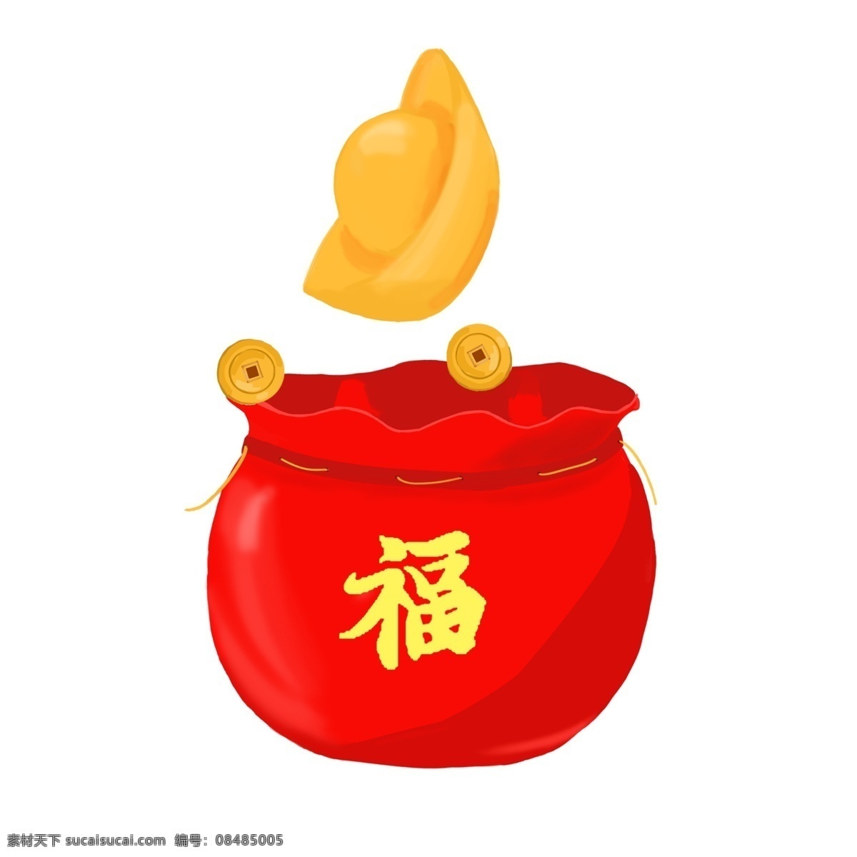 新年 红色 福 袋 插画 金色的元宝 手绘福袋 卡通福袋 福袋装饰 新年小物插画 红色的福袋 漂亮的福袋