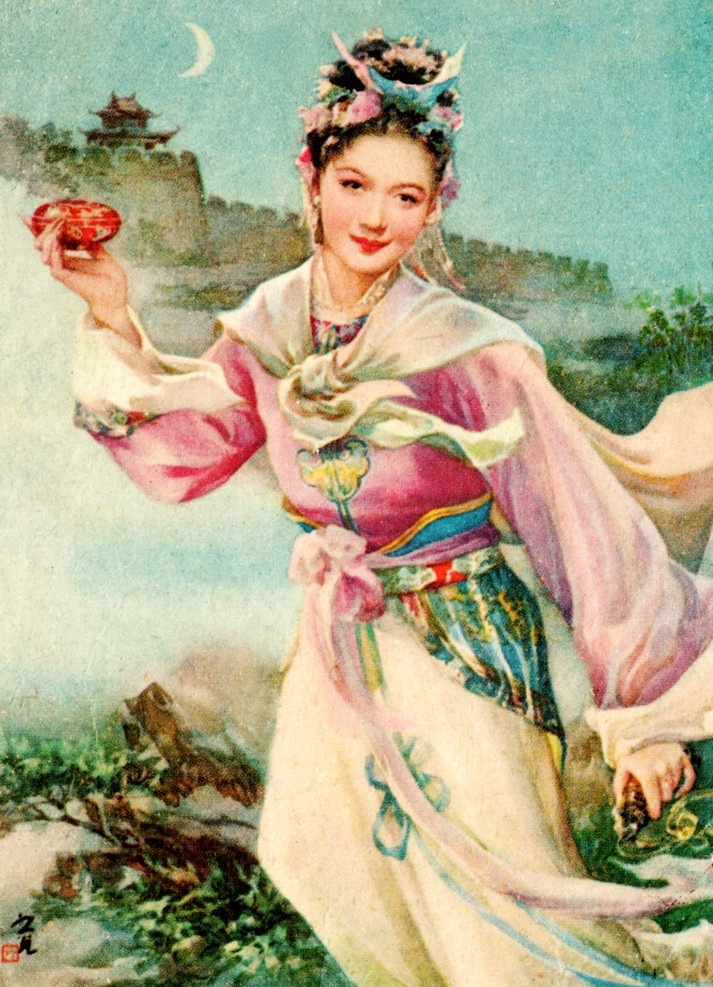 红线盗盒 美术 绘画 年画 彩色画 年画艺术 古代仕女 仙女 神话故事 美丽 漂亮 动作 姿态 发型 服饰 城楼 月夜 雾 宝盒 年画设 旧年画 绘画书法 文化艺术