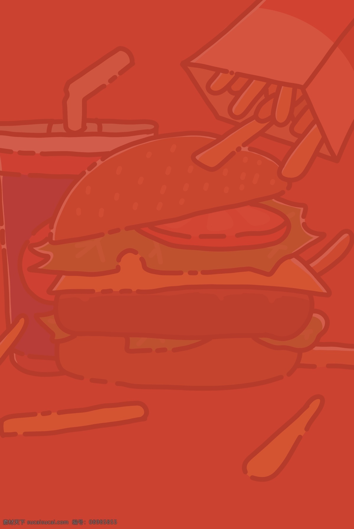 汉堡 薯条 红色 卡通 背景 可乐 简约 美食节 吃货节
