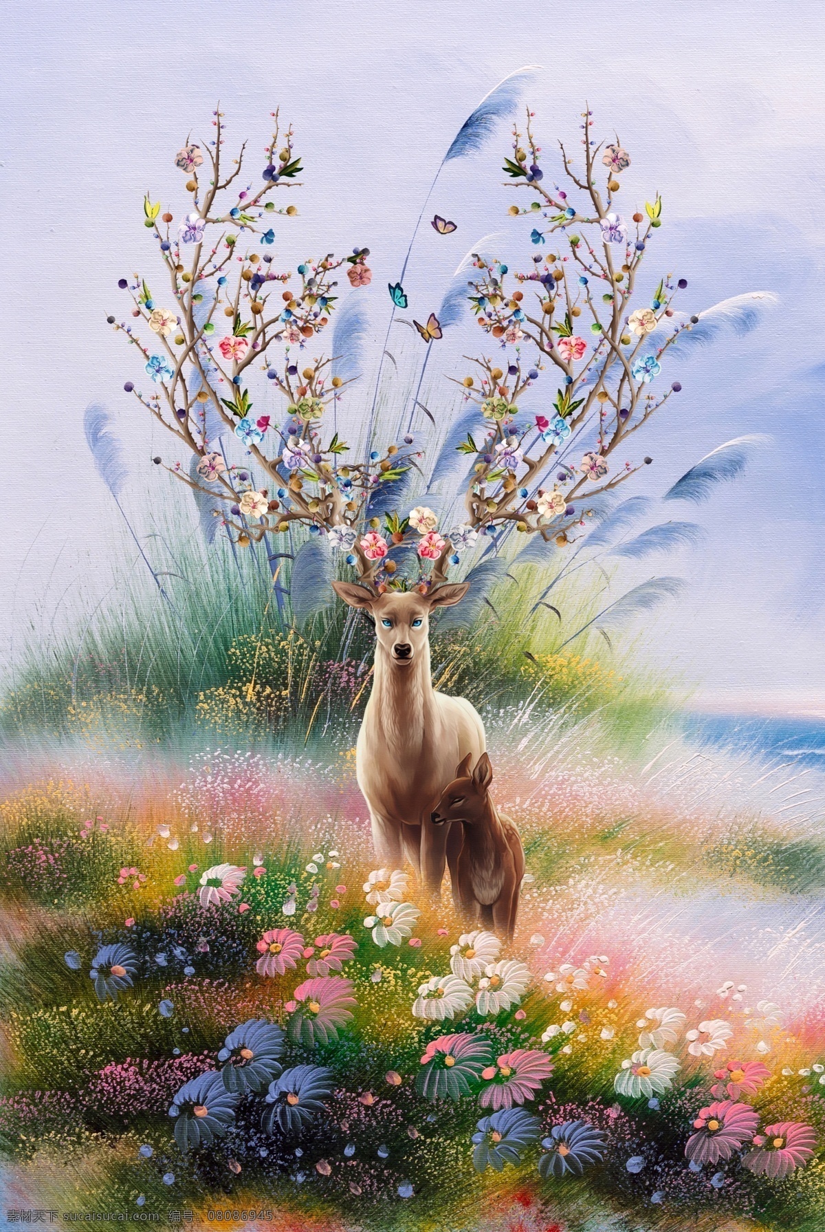 麋鹿北欧 麋鹿 北欧 芦苇 唯美 温馨 背景墙 动漫动画