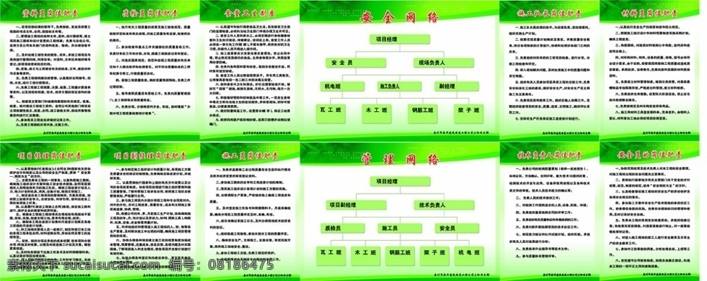 工程公司 内部 岗位 网络 分布 展板 工程 责任制 安全网络 管理网络 资料员 质检员 项目经理 食堂卫生 施工队长 材料员 施工员 技术负责人 安全员 绿底 绿色 浅绿 底图 展板模板 广告设计模板 源文件