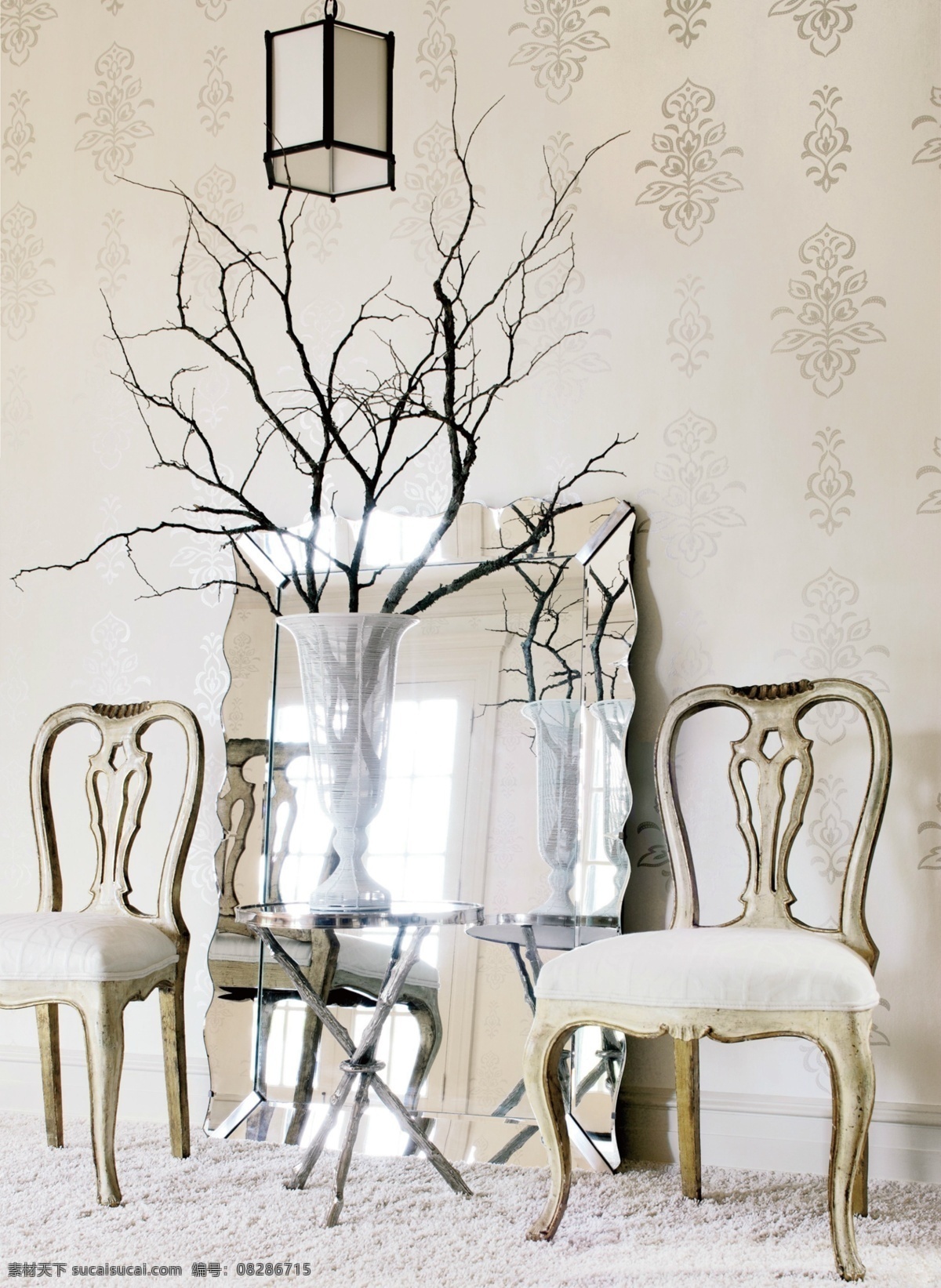 欧式椅子 墙纸 镜子 椅子 中式吊灯 树枝 分层