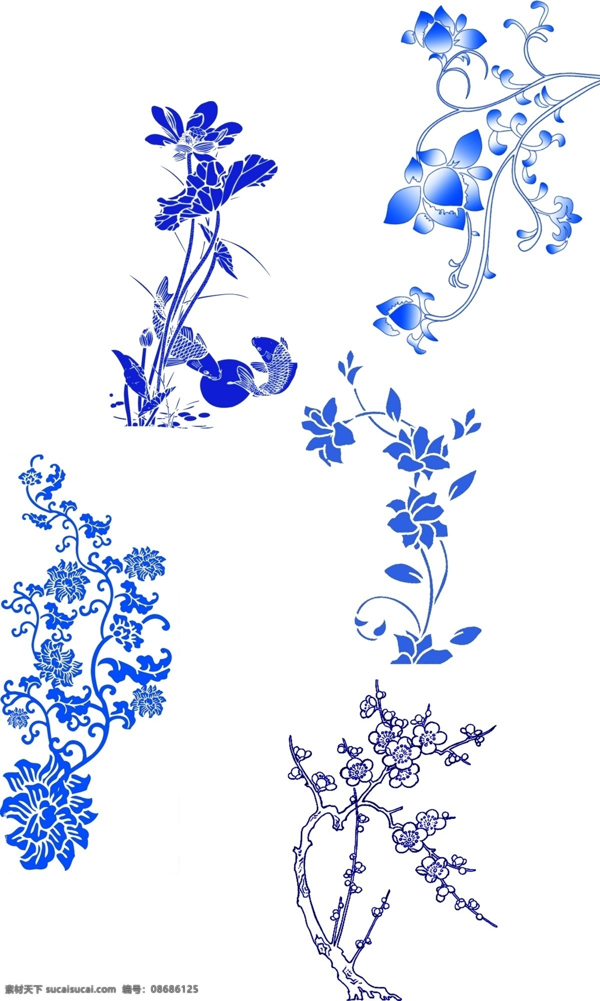 矢量青花 青花 矢量兰花 矢量菊花 矢量荷花 青花瓷 矢量花 花纹素材 分层