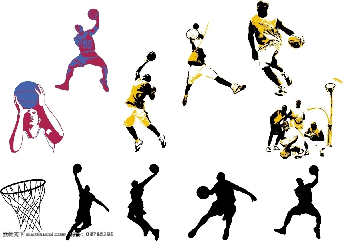 篮球 运动员 运球 投篮 动作 剪影 矢量图 矢量人物
