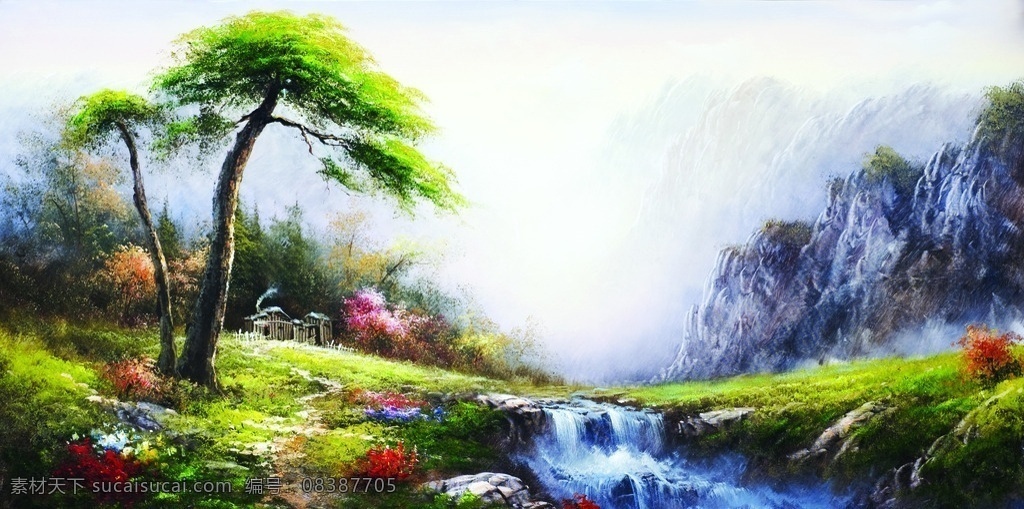 草地 大图 风景 高山 挂板 花园 蓝天 设计素材 欧洲油画 模板下载 小溪 流水 欧洲 树木 手绘 油画 装饰画 无框画 扫描 清晰 写真 喷绘 印刷 唯美 田园 写生 松树 绘画书法 文化艺术 油画系列 汇画书法