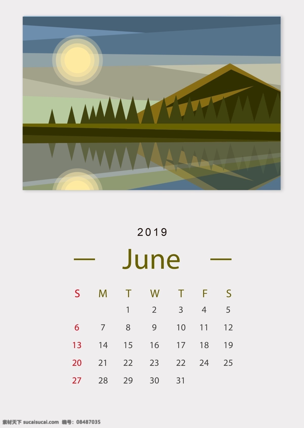 2019 年 简单 清新 日历 插画 风格 新鲜 极简主义 插画风格 向量 六月
