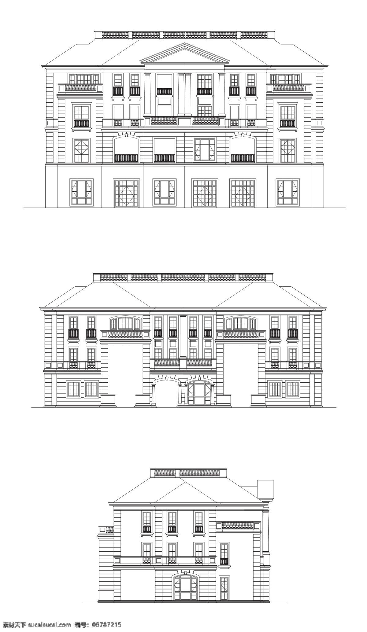 别墅立面图 建筑 线稿 黑描图 欧式 白底 别墅 会所 矢量 环境设计 建筑设计