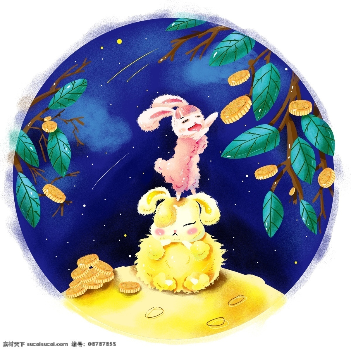 中秋节 玉兔 摘 月饼 月桂树 插画 手绘 节日 海报素材 摘月饼