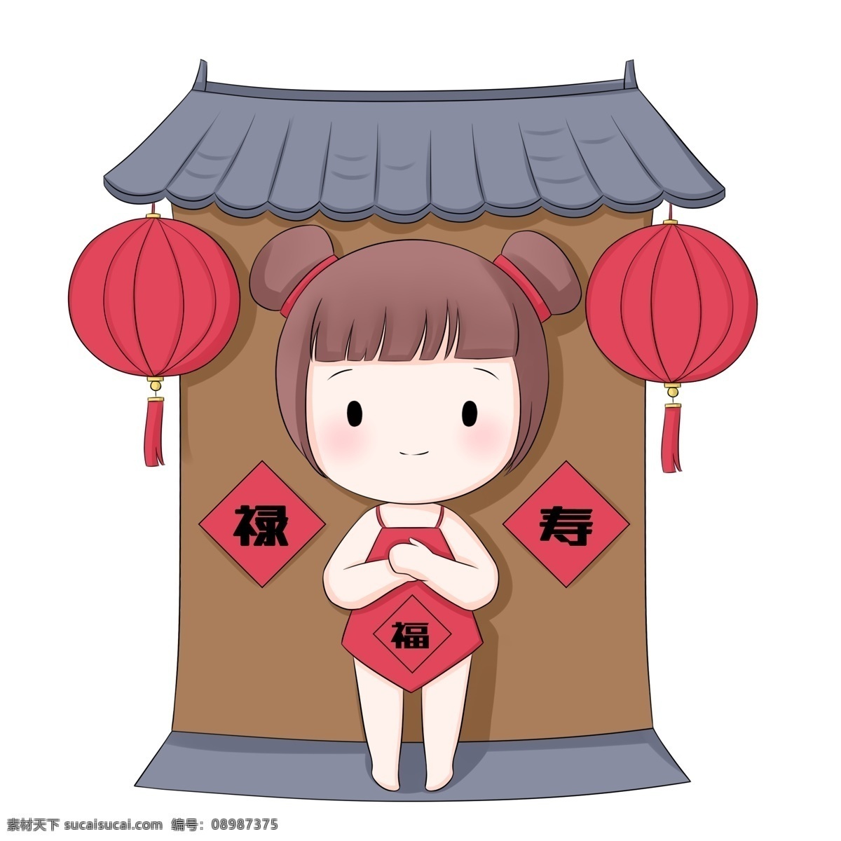 喜庆 新年 祝福 福禄寿 灯笼 小女孩 门