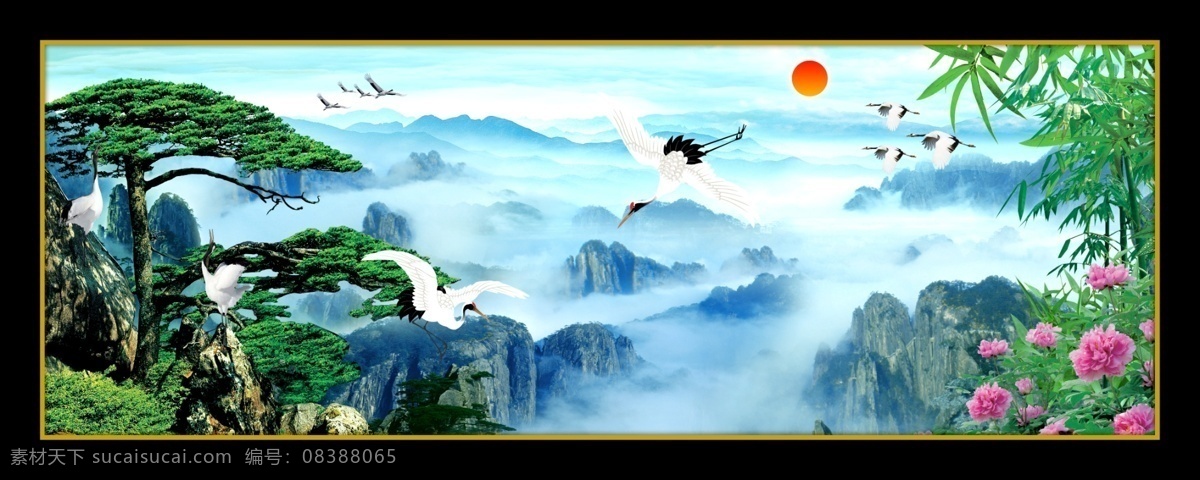 迎客松 松鹤延年 山水画 风景画 山水 风景 山水风景 花 高山 水车 仙鹤呈祥 松鹤 鹤 仙鹤 装饰画 山水秀丽 秀丽景色 古典边框 壁画 松树 天空 云 仙境 山 山水风景画 分层 源文件