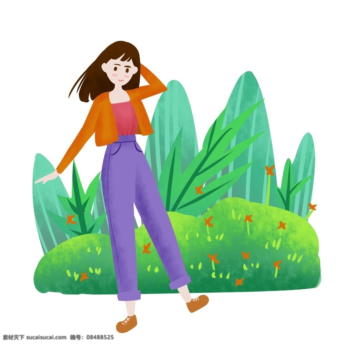 春天 游玩 女孩 插画 春游踏青 绿叶装饰 绿色植物装饰 红色小花 春游女孩 开心的女孩 春季