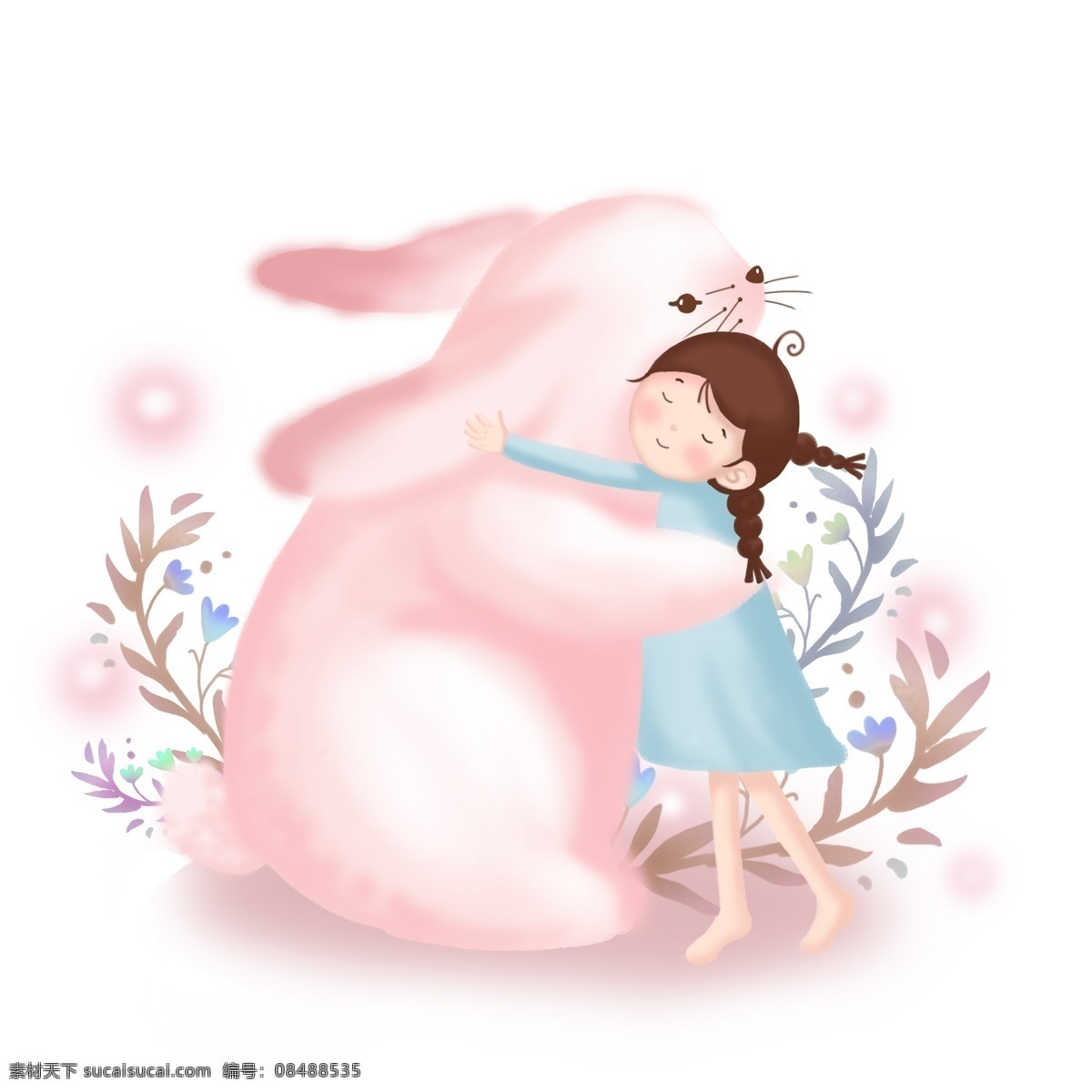 卡通 手绘 梦幻 主题 童话故事 小女孩 可爱 萌 系 小 兔子 小兔子拥抱 拟人动物 粉色系插画 梦幻梦境主题 粉红色系