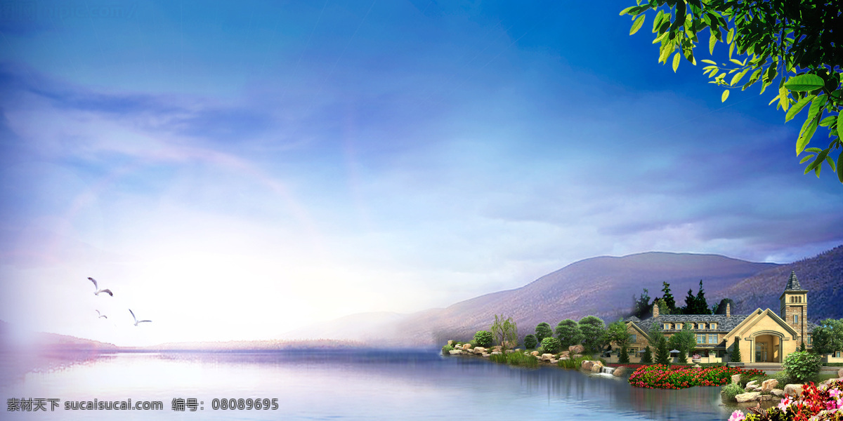 湖景 别墅 湖 洋房 天空 河流 水 树 鸟 蓝天 豪宅 地产 房地产 主画面 高档 高端 郊区 自然景观 自然风光