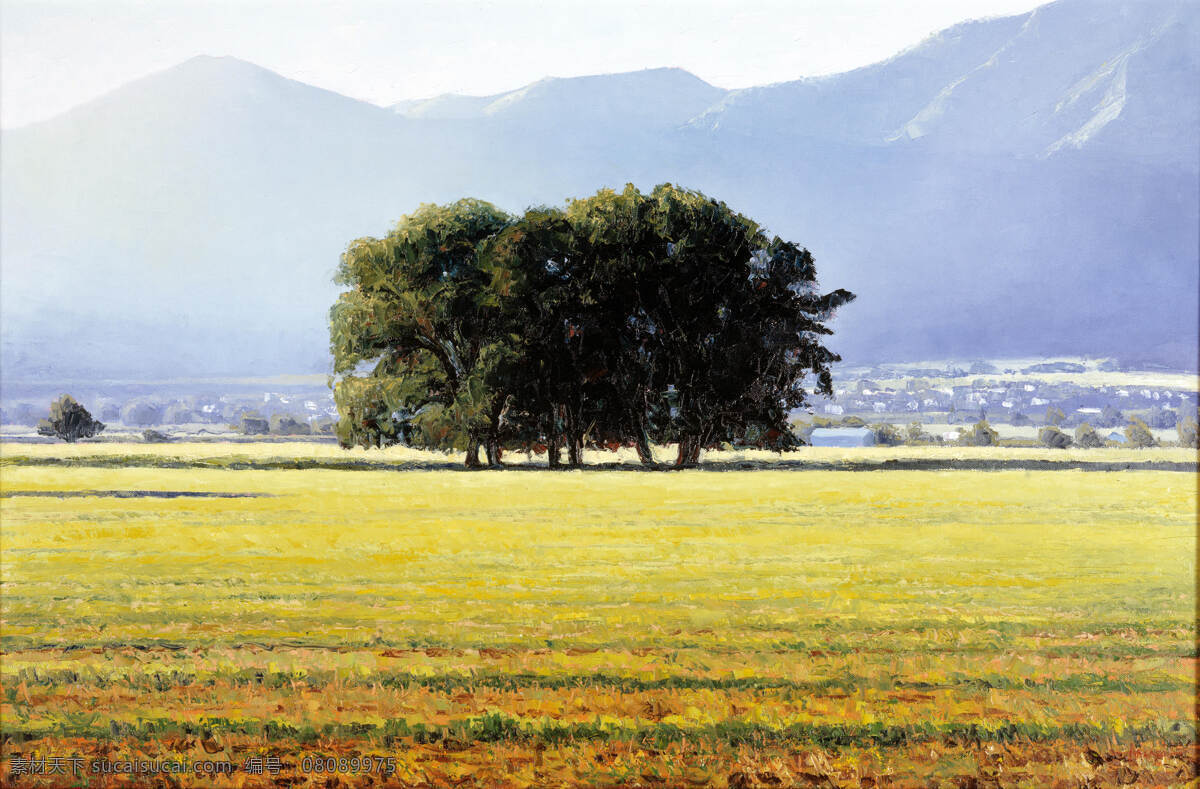 田园风光 油画 绘画书法 山脉 树木 天空 田野 文化艺术 田园风光油画 家居装饰素材