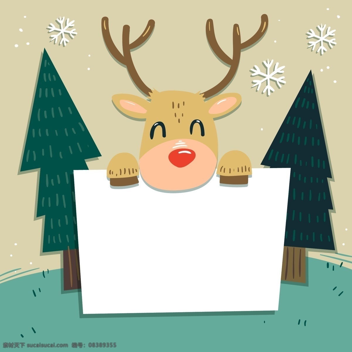 手 空白 标志 背景 驯鹿 圣诞节 节日 圣诞树 雪花 绿色 空白标志 手拿 过节 庆祝 狂欢 西方节日 假期 扁平 矢量 卡通 树木