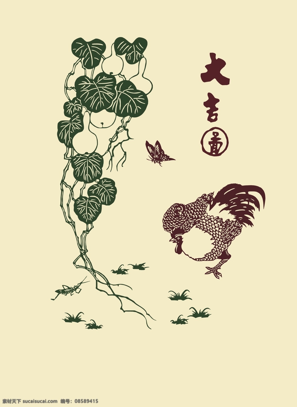 公鸡觅食图 玄关矢量图 玄关 公鸡 葫芦 硅藻泥矢量图 环境设计 室内设计