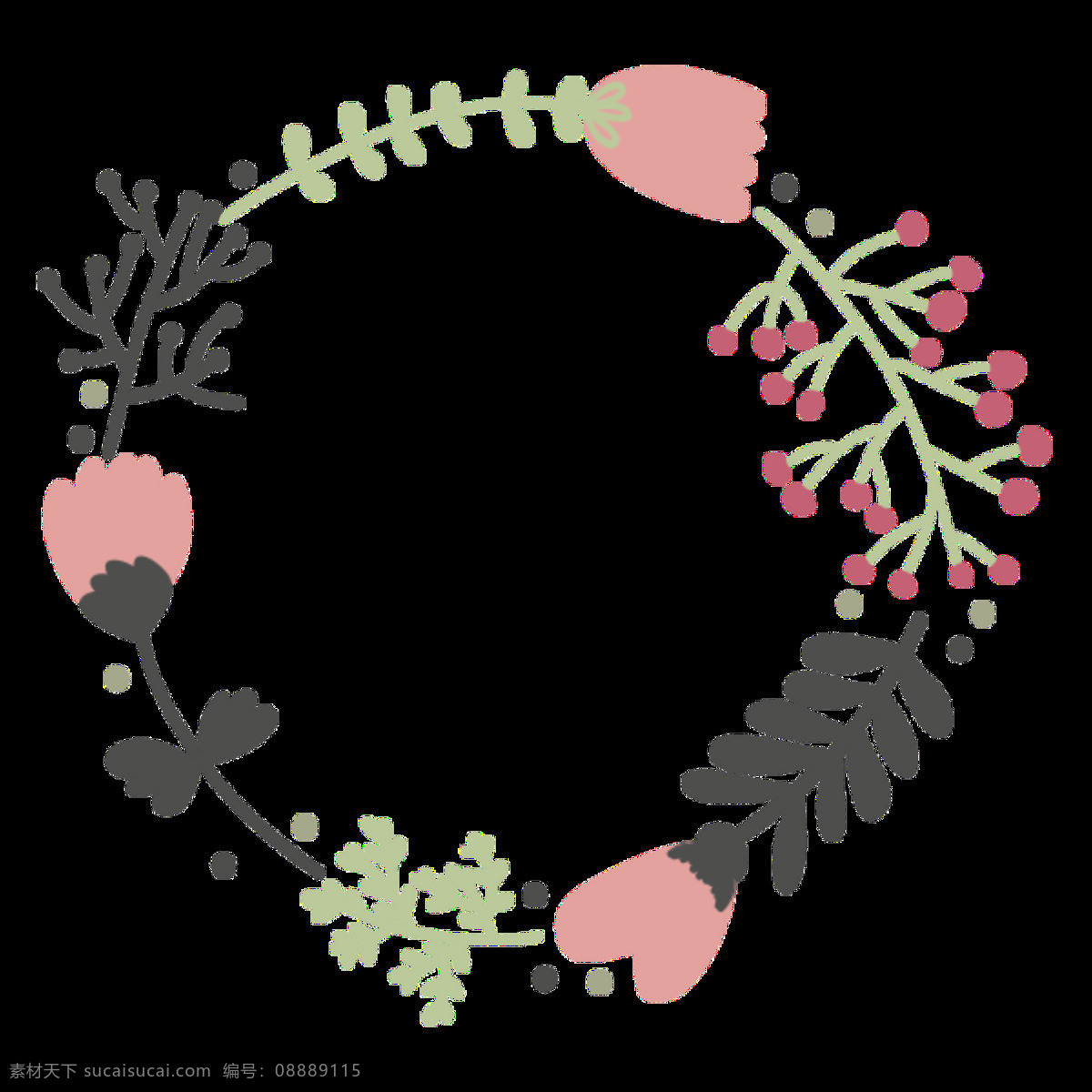 粉色花朵 红色果子 花环 绿叶 手绘 树枝 装饰元素 简约 朴素 装饰 图案