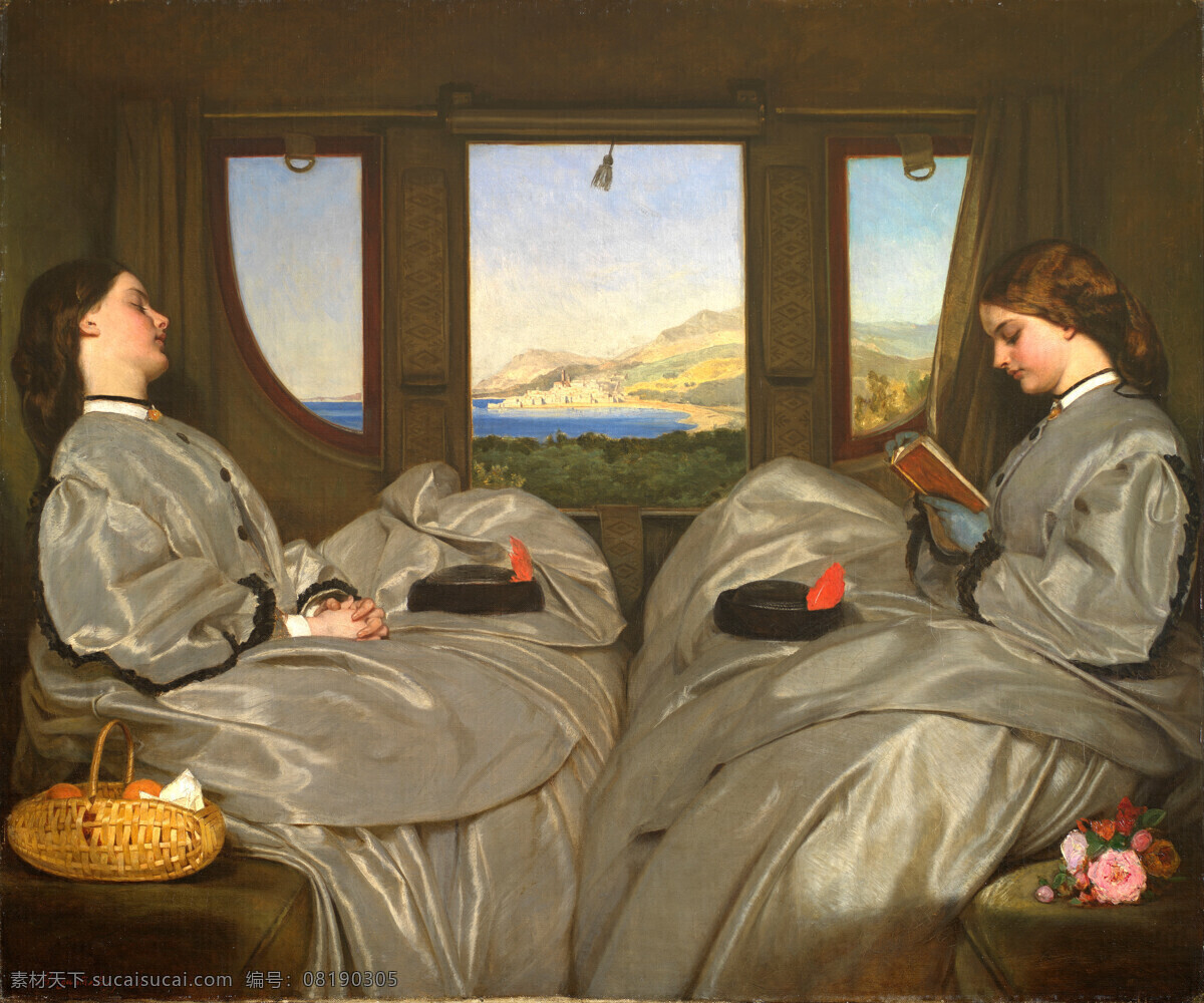 奥古斯 都 利奥波德 埃格 作品 德国画家 双胞胎姐妹 马车 旅行 看书 睡觉 19世纪油画 油画 文化艺术 绘画书法