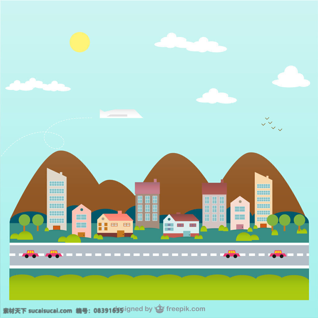 蓝色 扁平 城市 矢量图 h5 背景 白云 建筑 树木 h5背景