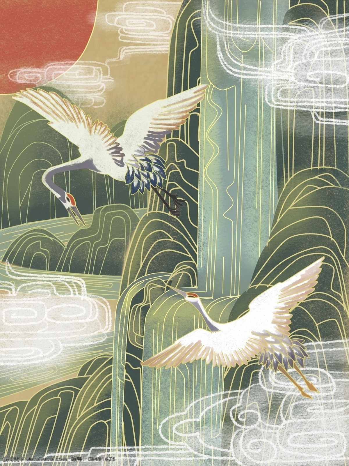 国 潮 国风 古风 仙鹤 山川 河流 古典 插画 国潮 山川河流 中国风