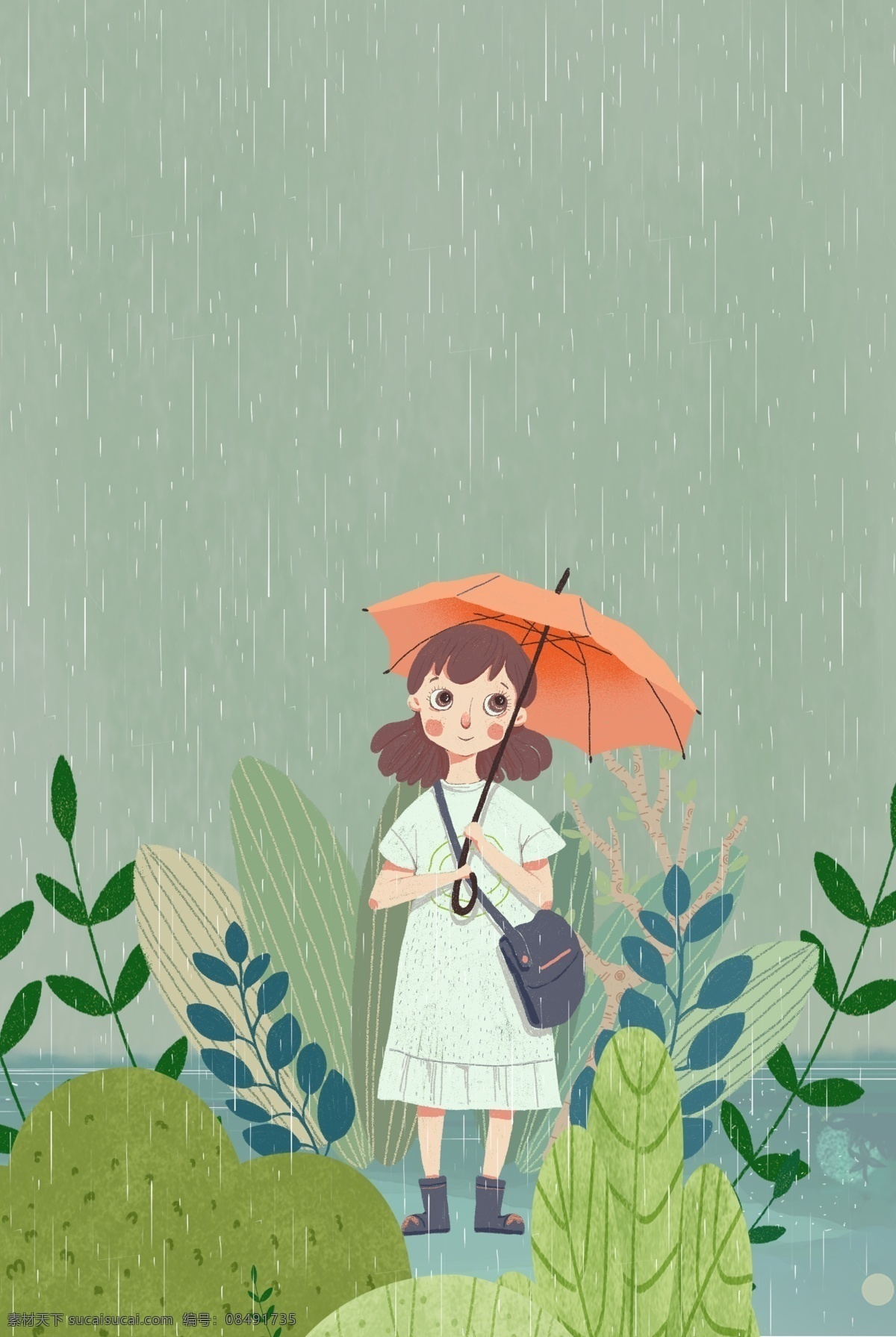 二十四节气 之春 分 细雨 出行 女孩 节气 春分 传统节气 植物 插画风 促销海报