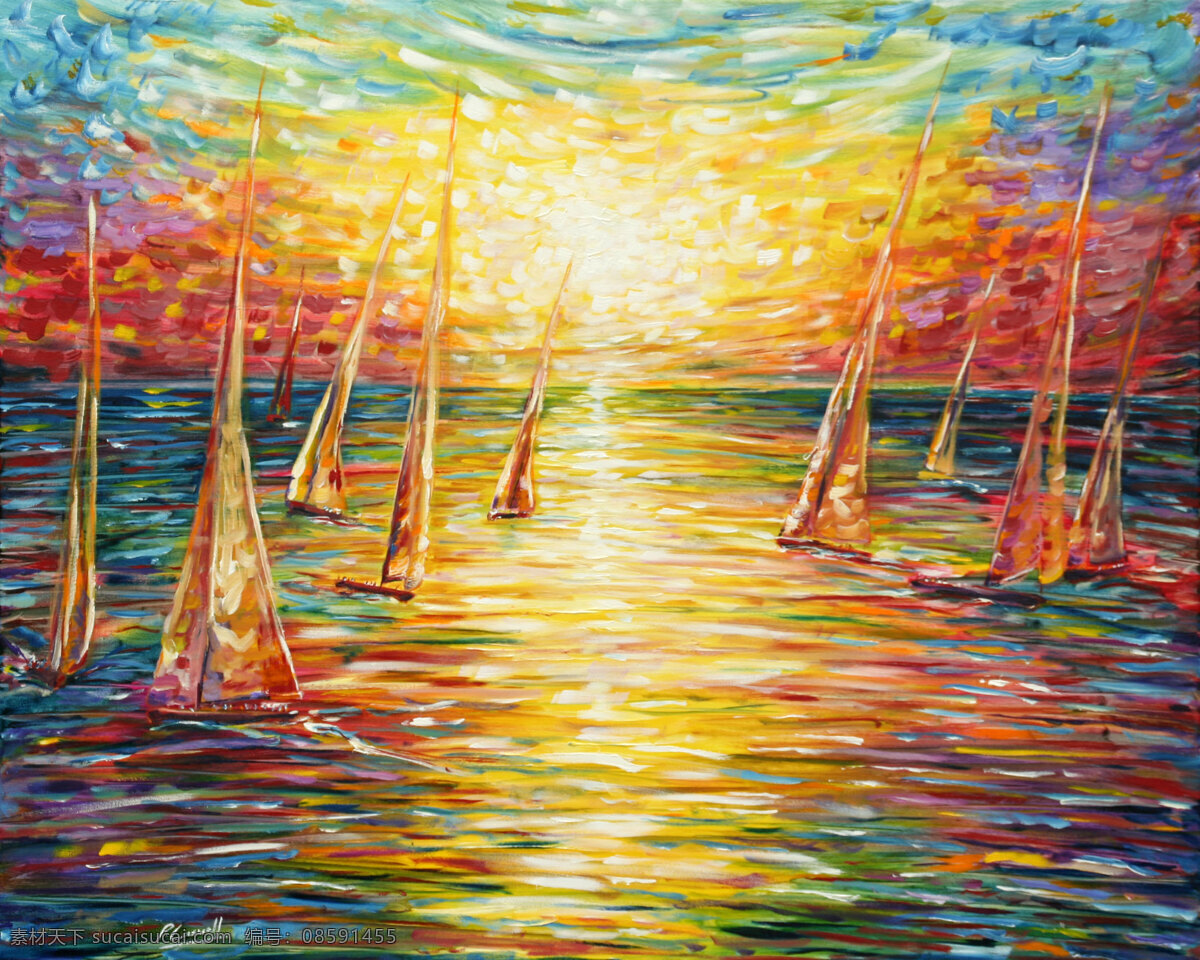 大海 油画 抽象 帆船 霞光 点彩 绘画书法 文化艺术