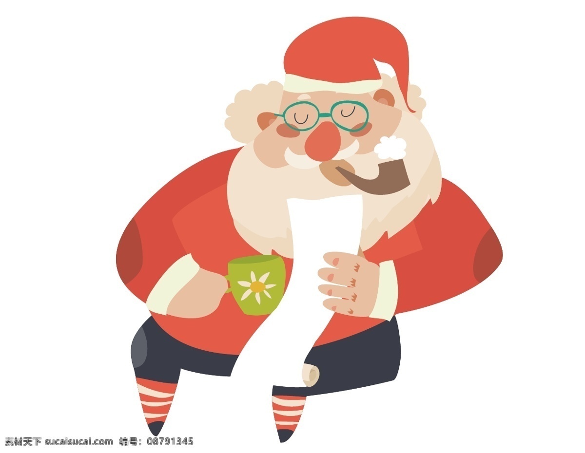 卡通 圣诞老人 元素 可爱 喝茶 矢量元素 手绘 白胡子 ai元素