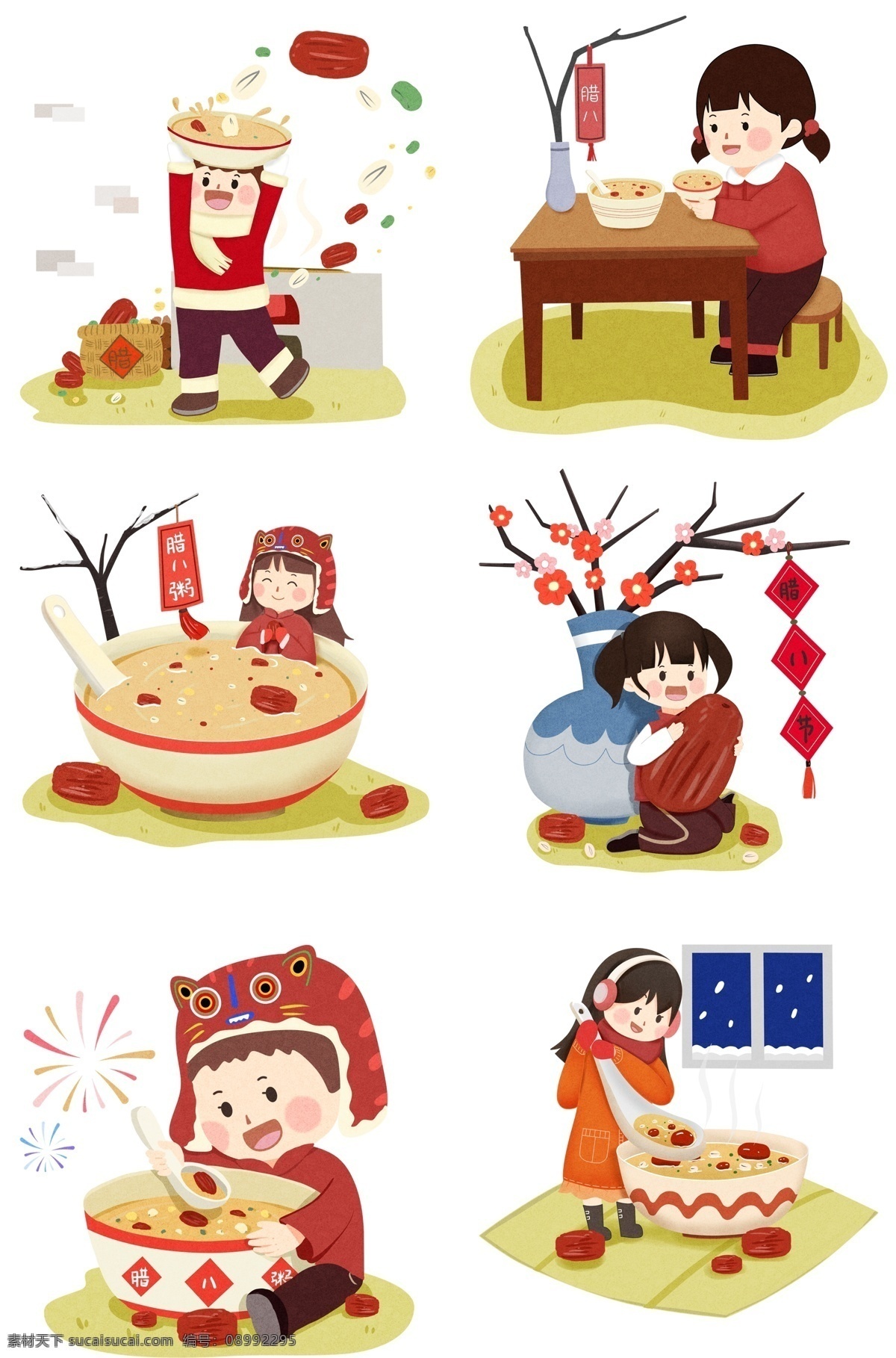 腊八节 人物 合集 插画 黄色的桌子 红色的小花 漂亮的小女孩 冬季 主题 美味的腊八粥 红色的红枣