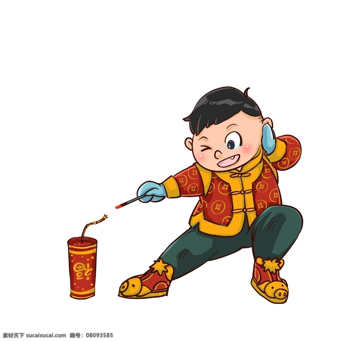 点 爆竹 小 男孩 卡通 2019年 新春快乐 吉祥 幸福 喜庆 小男孩 点爆竹 红色 大吉大利 万事如意 新年