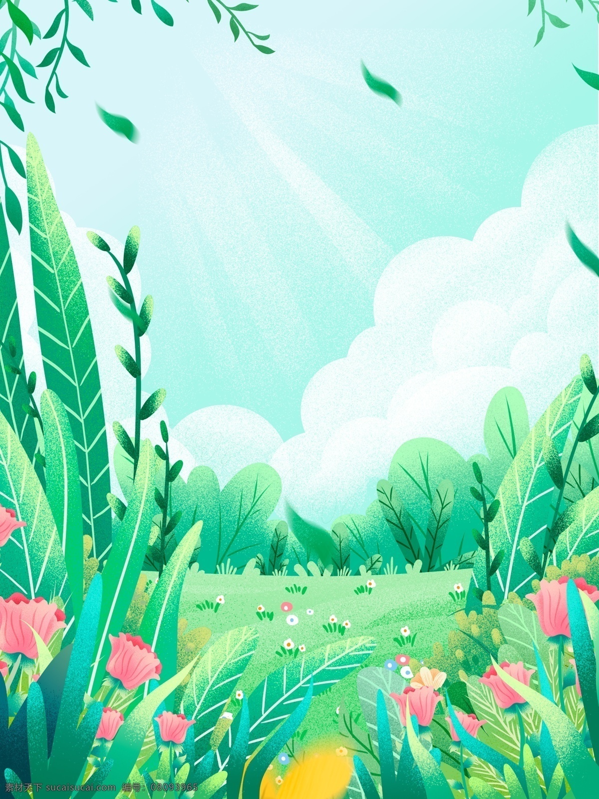 春天 唯美 小 清晰 植物 花卉 背景 蓝天白云 春天背景 温馨背景 唯美背景 绿草地背景 创意背景 插画背景