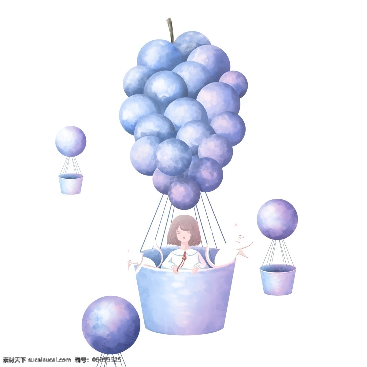 创意 水果 葡萄 热气球 插画 紫色 浪漫 旅行 女生 女孩