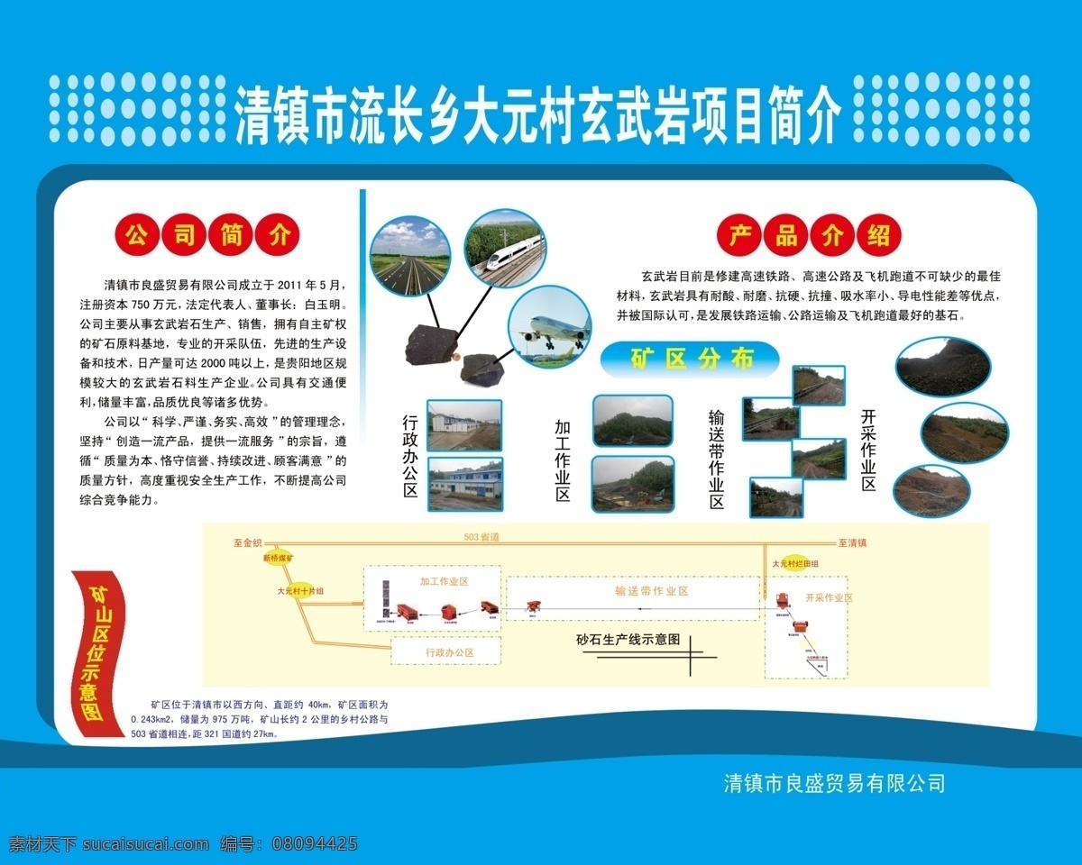 产品介绍 公司简介 广告设计模板 矿山 蓝色背景 蓝色展板 贸易公司 企业展板 项目简介 玄武岩 矿山展板 矿区分布 小圆点 示意图 生产线 展板模板 源文件 其他展板设计