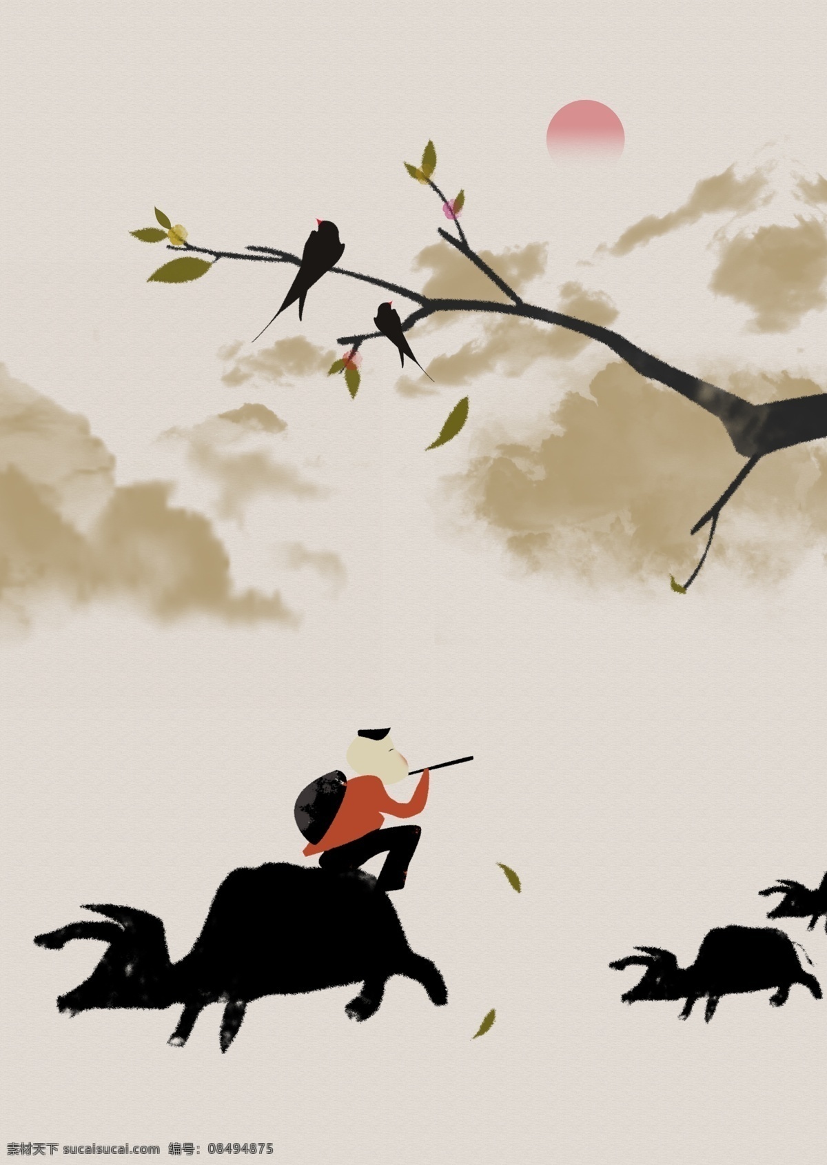 中式 复古 牧童 黄牛 意境 装饰画 中国风 燕子 吹笛