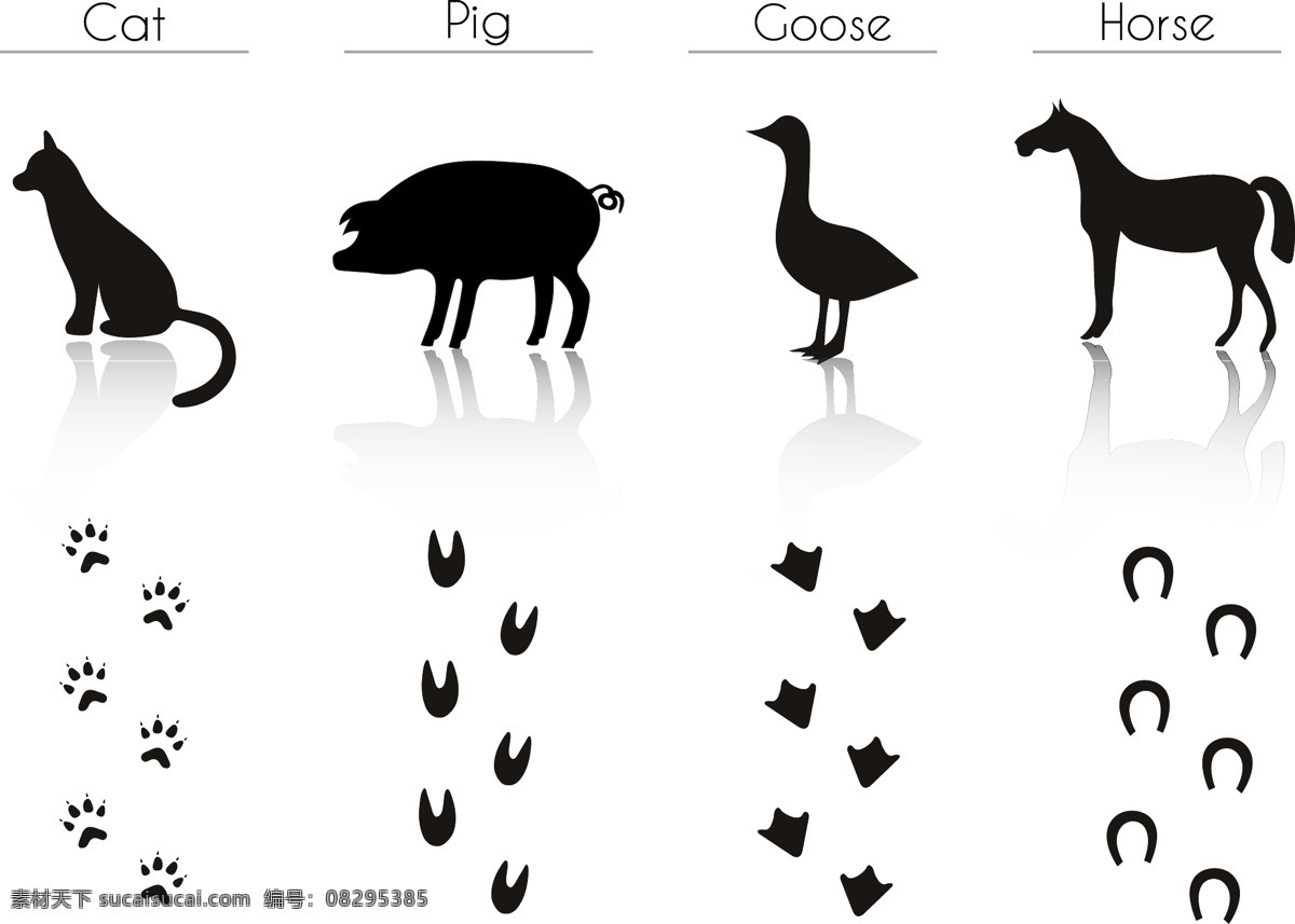 黑白 卡通 动物 脚印 插画 小猫 猪 鸭子