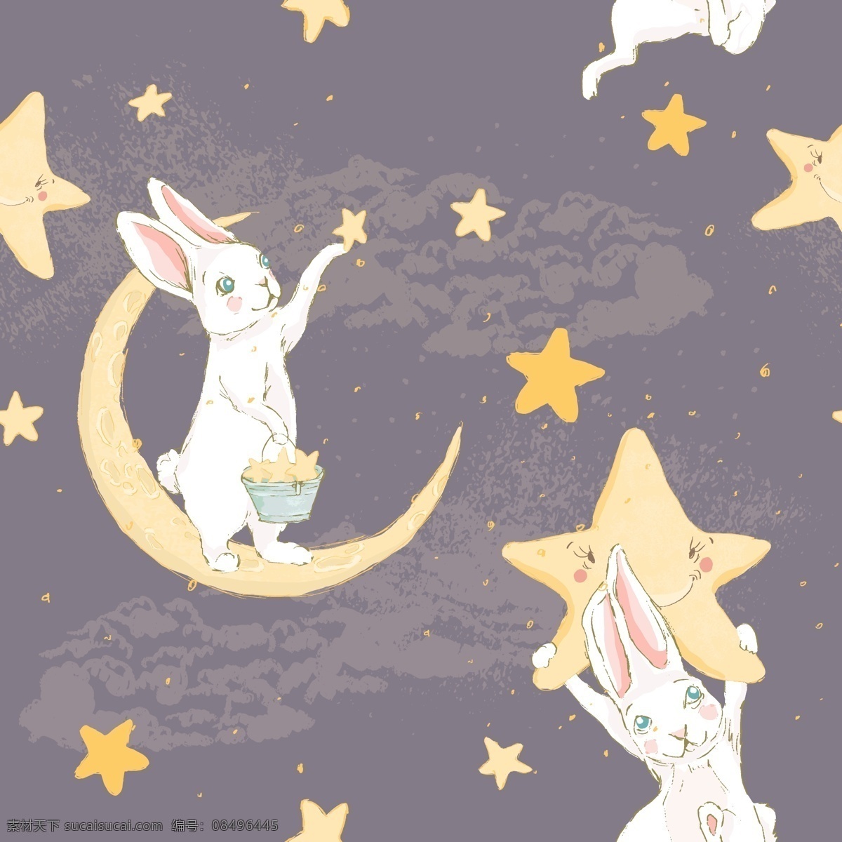 小 兔子 卡通 插画 小清新 动物 晚安 星空 梦幻 浪漫插画 绘画 图案