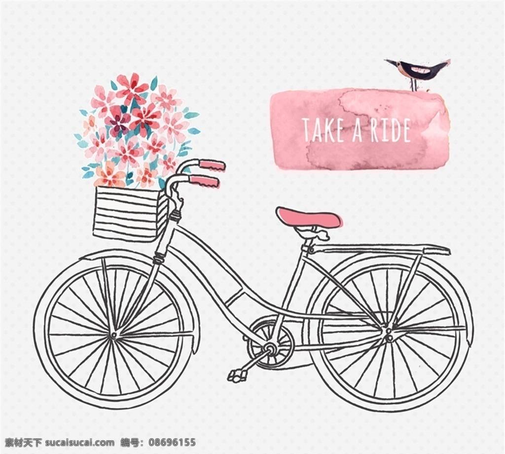 手绘 单车 矢量 花卉 鲜花 鸟 水彩 自行车 矢量图