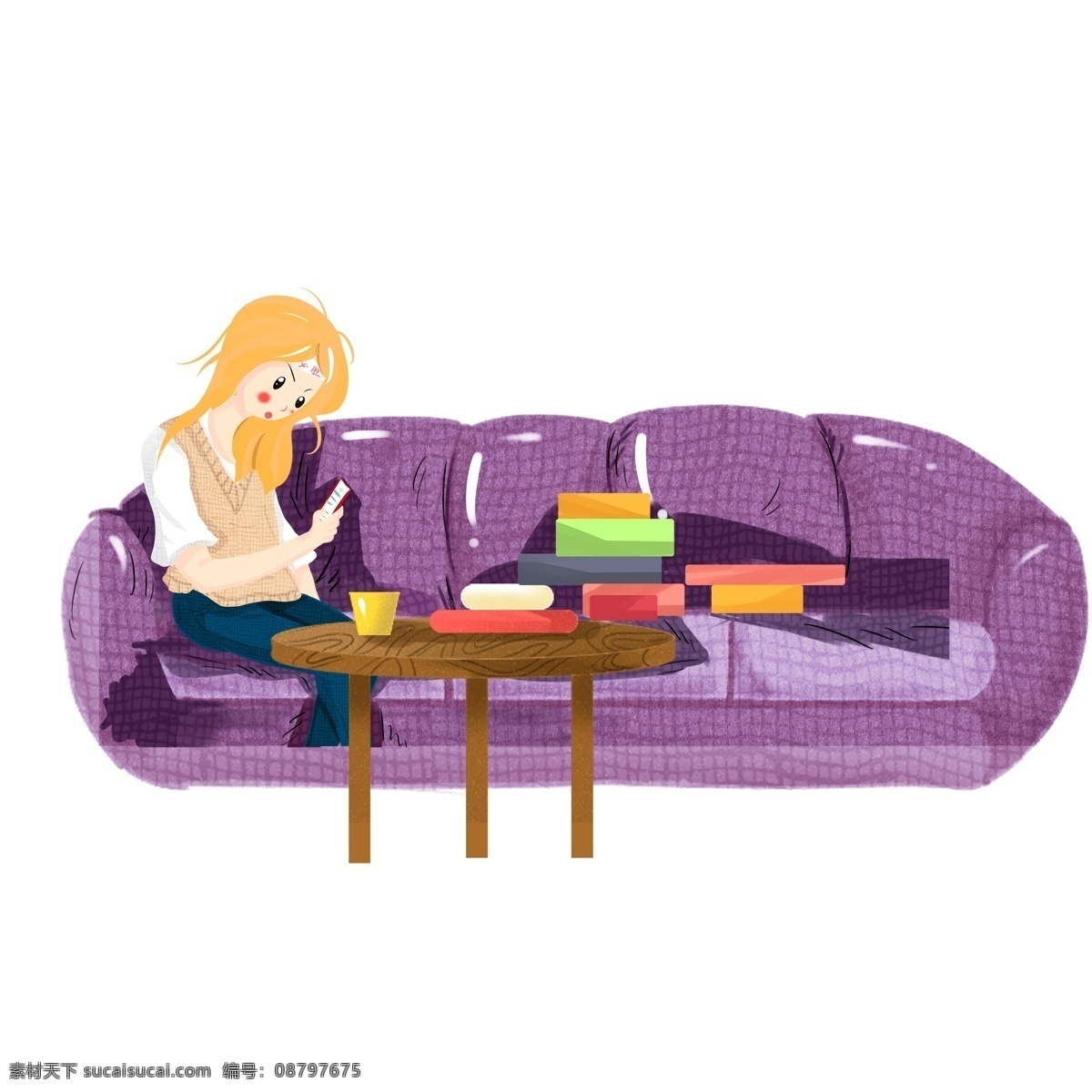 手绘 考研 复习 女孩 人物 插画 沙发 书本 桌子 人物设计