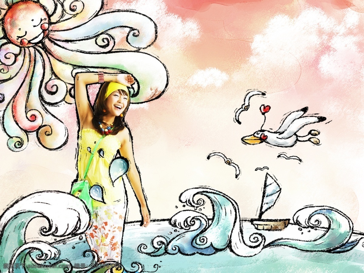 海边 美 少女 卡通 可爱 风格 插画 效果 白云 帆船 海鸥 海水 浪花 美人鱼 唯美太阳 粉色天空 psd源文件