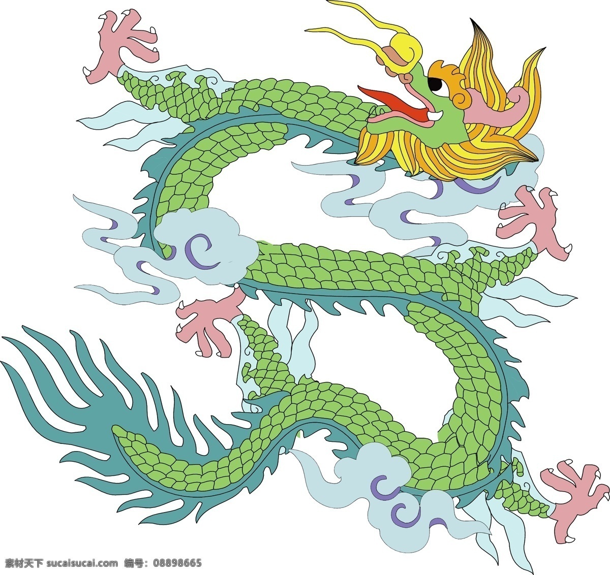 绿色飞龙 空中飞龙 粉爪金毛 云朵 中国 传统 龙凤 图案 传统文化 文化艺术 矢量