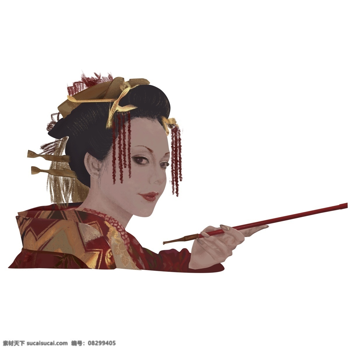 手绘 风 精致 日本 花魁 艺妓 人物 头像 精美 头饰 侧脸