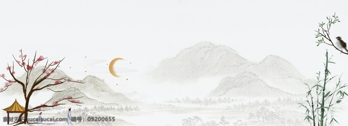 古风 文艺 山庄 主题 背景 复古 中国风 水墨 手绘 山水