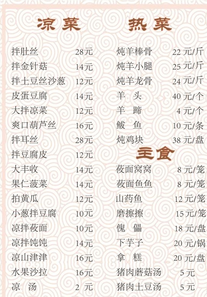 菜单菜谱 单页菜谱 塑封菜谱 凉菜 热菜 主食 菜谱底图 菜谱背景