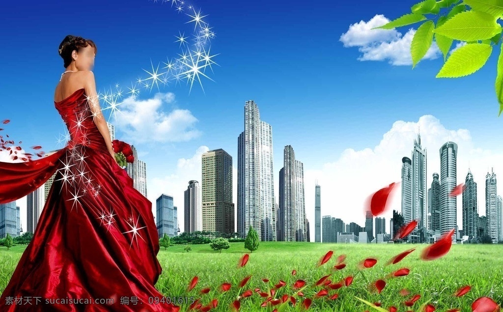城市新生活 高楼大厦 高楼 草地 花 树 蓝天 白云 闪亮星星 楼房 美女 红衣美女 花瓣 红色花瓣 飘落花瓣 城市建设 宣传 报 户外宣传画 海报 广告设计模板 源文件 国内广告设计