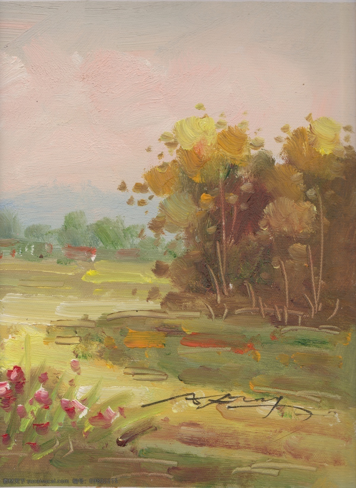 风景油画 红房子 红花 绘画书法 文化艺术 艺术签名 油画 油画素材 印象风景 高灰调油画 印象树林 点彩 学院派油画 家居装饰素材
