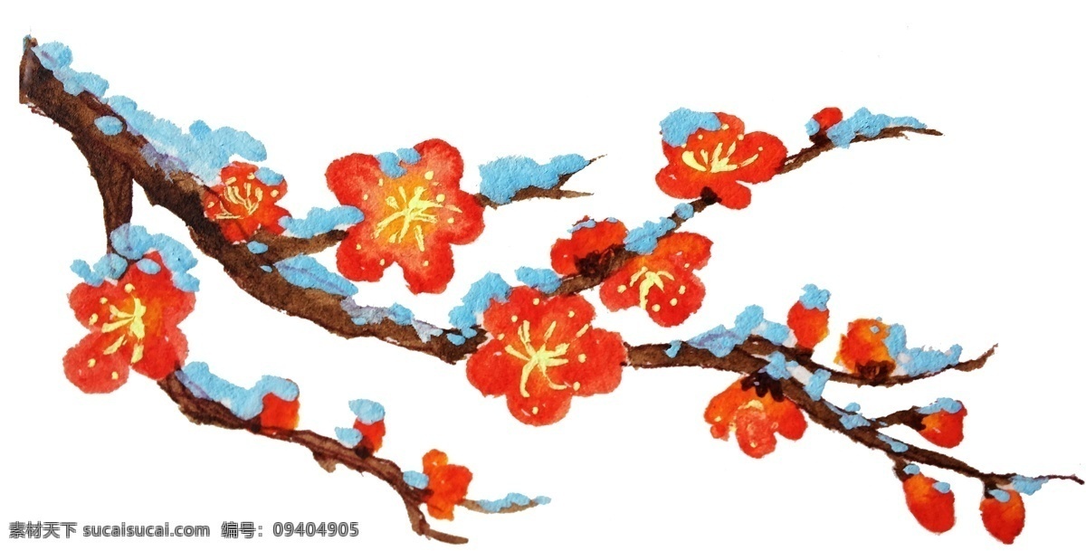 手绘 雪 中 梅 花枝 插画 手绘梅花 雪中梅花枝 红梅 中国风 梅花 手绘插画 美丽的红梅 冬季花朵