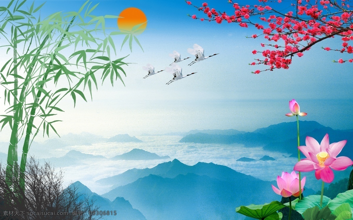 山水情风景画 竹子 梅花 仙鹤 鹤 荷花 风景如画 风景 分层