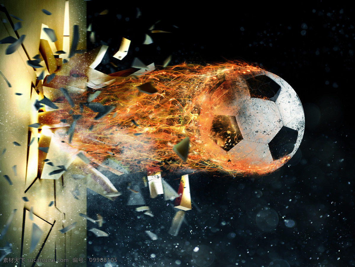 创意 冲破 墙壁 火焰 足球 火苗 碎片 破碎 光斑 散景 体育 运动 世界杯 生活百科 体育用品