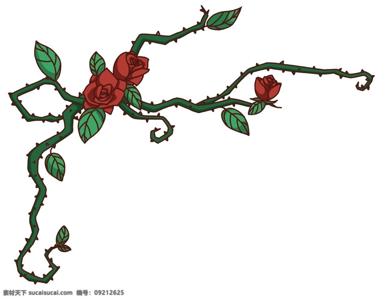 红色 玫瑰花 藤 插画 红色的玫瑰花 花藤插画 装饰 绿色的叶子 创意花藤 七夕情人节 浪漫 蔷薇 藤曼